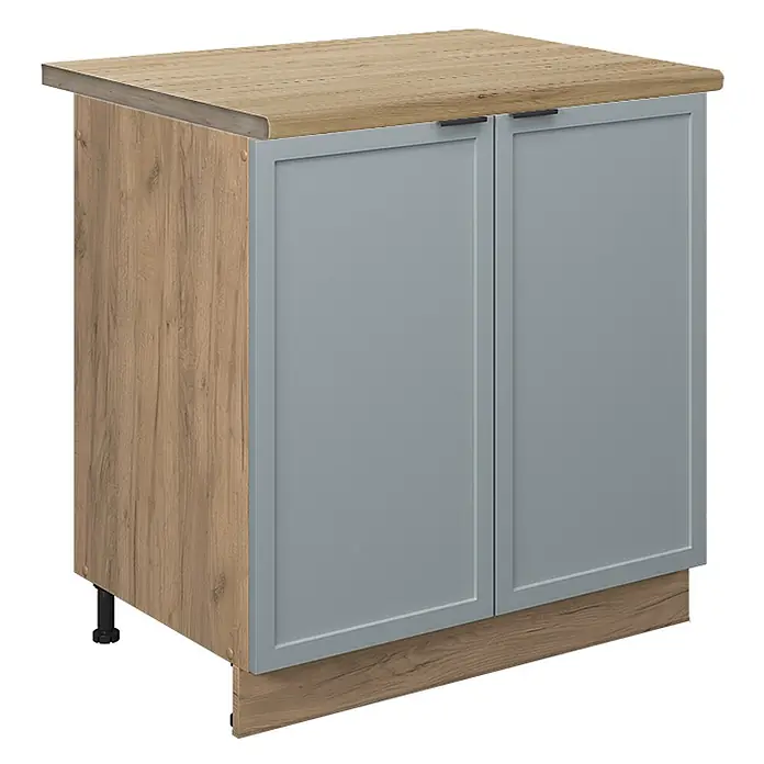 Vicco Schrankküche Fame-Line Hellblau-grau, AP Eiche - Hellblau-grau, Spülenunterschrank 80 cm, AP Eiche - Unterschrank mit heller Holzoptik-Arbeitsplatte, Seiten & Sockel, zwei grauen Türen mit schwarzen Griffen & verstellbaren Füßen.