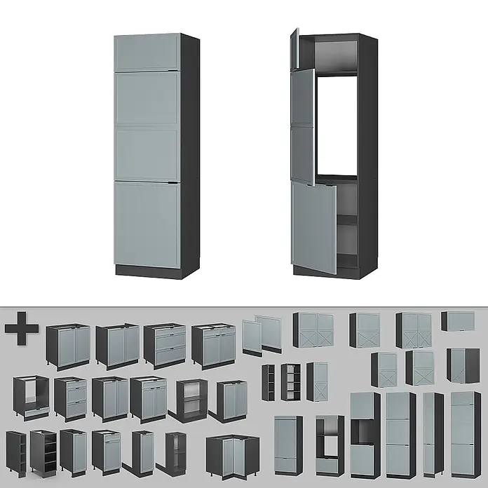 Vicco Schrankküche Fame-Line Hellblau-grau - Hellblau-grau, Kühlumbauschrank 60 cm - Modulare graue Küchenschrank-Kollektion, inklusive Unter-, Ober- und Hochschränke, teils geöffnet.
