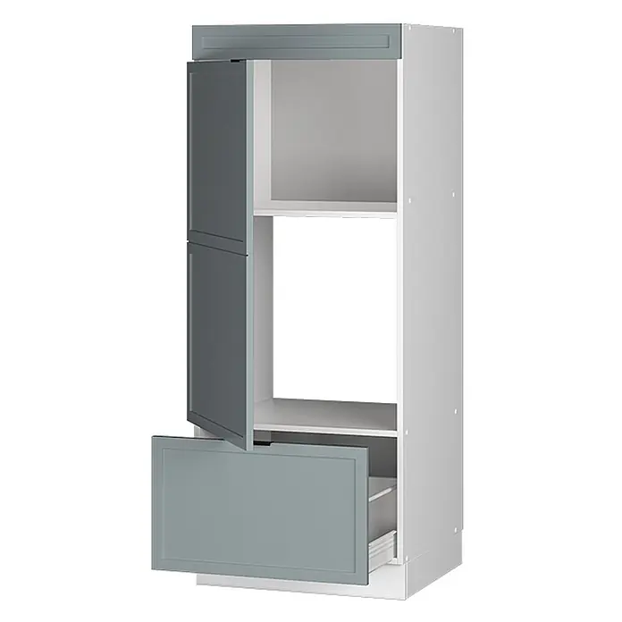 Vicco Schrankküche Fame-Line Hellblau-grau - Hellblau-grau, Mikrowellenschrank 60 cm (voll) - Hoher hellgrauer Geräteschrank mit dunkelgrauen Türen und Schublade. Obere Tür offen, untere Schublade ausgezogen.
