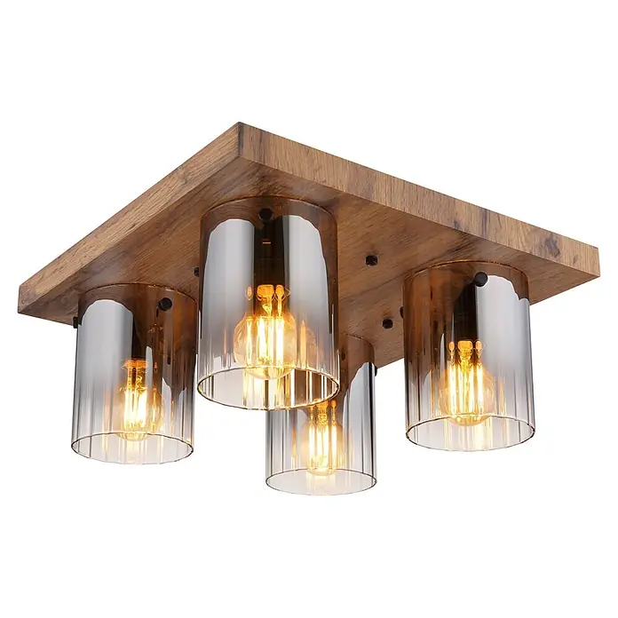 Globo Deckenleuchte Underwood - 40 W, L x B x H: 410 x 410 x 180 mm, E27 - Rechteckige Holz-Deckenleuchte mit vier Glas-Schirmen und warmen Edison-Glühbirnen.