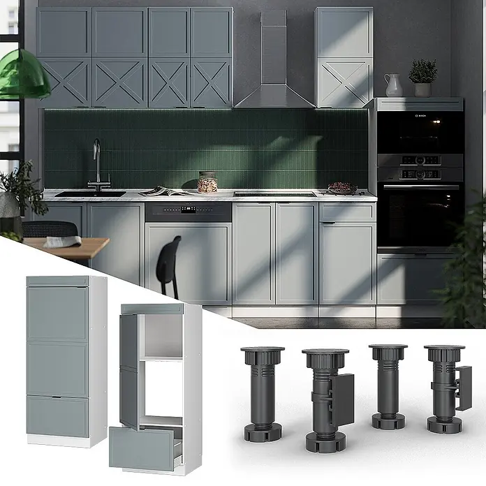 Vicco Schrankküche Fame-Line Hellblau-grau - Hellblau-grau, Mikrowellenschrank 60 cm (voll) - Moderne graue Küchenschränke mit gemusterten Türen & integrierten Geräten. Auch gezeigt: Ausziehschrank & verstellbare Füße.