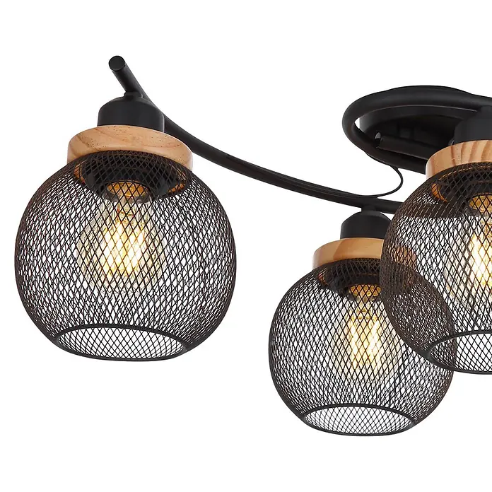 Globo Deckenleuchte Pablo - 40 W, L x B x H: 600 x 350 x 220 mm, E27 - Schwarze Deckenleuchte aus Metall mit drei Gitter-Schirmen, Akzenten aus Naturholz und sichtbaren Glühbirnen.