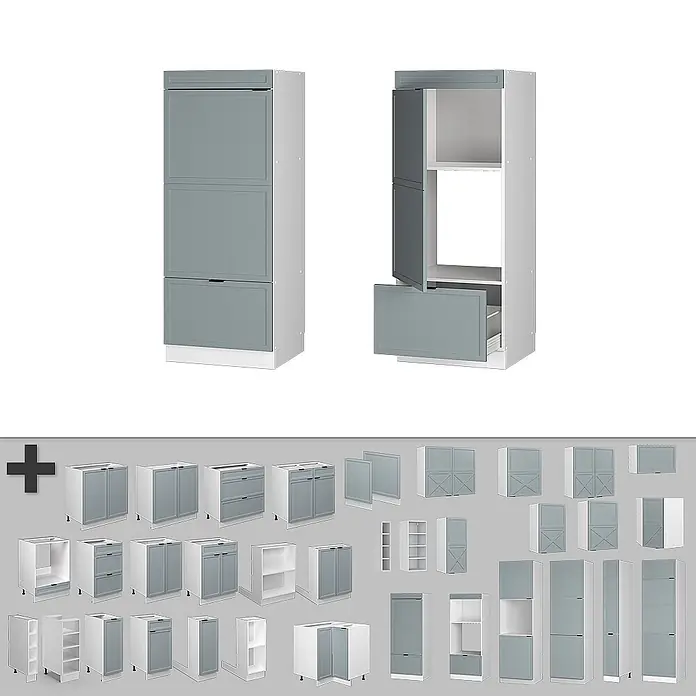 Vicco Schrankküche Fame-Line Hellblau-grau - Hellblau-grau, Mikrowellenschrank 60 cm (voll) - Modulare Küchenschränke mit grauen Fronten und weißen Korpen. Inklusive Hochschränke und verschiedene Unter- und Oberschränke.
