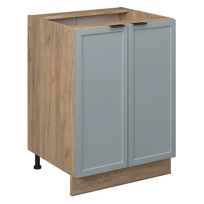 Vicco Schrankküche Fame-Line Hellblau-grau ohne Arbeitsplatte - Hellblau-grau, Unterschrank 60 cm - Küchenunterschrank in Holzoptik mit zwei grauen Rahmentüren, schwarzen Griffen, Sockelleiste und verstellbaren Füßen.