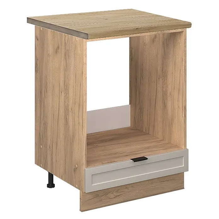 Vicco Schrankküche Fame-Line GrauBeige, AP Eiche - GrauBeige, Herdumbauschrank 60 cm, AP Eiche - Küchenunterschrank in heller Holzoptik mit hellgrauer Schublade, für Einbaugeräte.