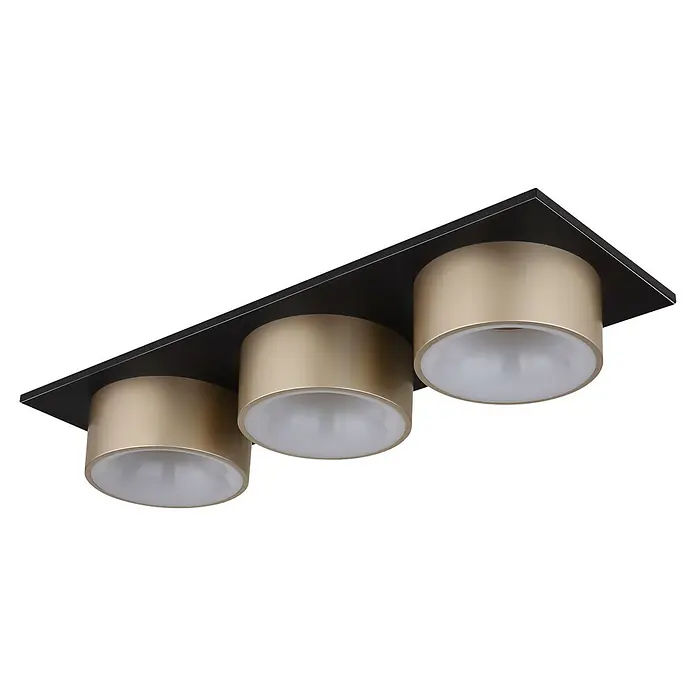 Globo Deckenleuchte Raymond - 24 W, L x B x H: 580 x 200 x 110 mm, Lichtfarbe: Warmweiß - Dunkle rechteckige Deckenleuchte mit drei goldenen zylindrischen Lampen und weißen Diffusoren.