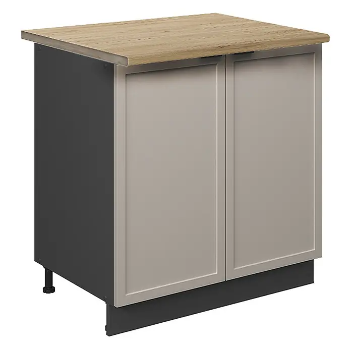 Vicco Schrankküche Fame-Line GrauBeige mit Regal, AP Eiche - GrauBeige, Unterschrank 80 cm, AP Eiche - Dunkelgrauer Küchenunterschrank mit zwei hellbeigen Paneeltüren, Arbeitsplatte in Holzoptik und dunkelgrauer Sockelblende.
