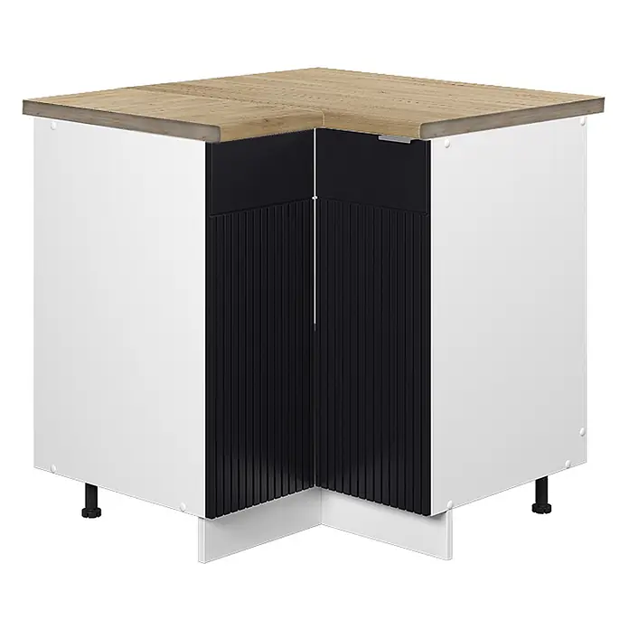 Vicco Eckunterschrank Fame-Line, Schwarz gestreift, 80.5 cm -  - Eckunterschrank mit Holzarbeitsplatte, weißen Seitenwänden und schwarzen geriffelten Fronten.
