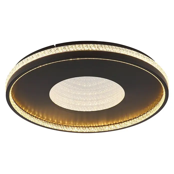 Globo LED-Deckenleuchte rund Shirley - 40 W, Ø x H: 50,5 x 6,5 cm - Runde schwarze Deckenleuchte mit funkelnder Kristall-LED-Beleuchtung an Außen- und Innenring.