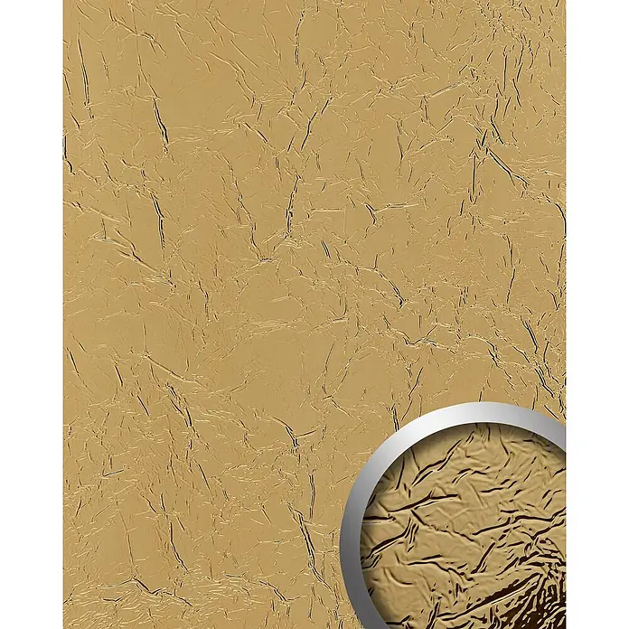 Wallface Wandpaneel 24944 CREPA Gold Wandverkleidung 3D spiegelnd gold 2,6 m2 - 2.600 x 1.000 mm - Goldene zerknitterte Folientextur, mit Nahaufnahme im metallgerahmten Kreis.