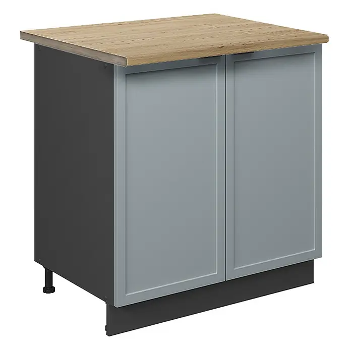 Vicco Schrankküche Fame-Line Hellblau-grau mit Regal, AP Eiche - Hellblau-grau, Unterschrank 80 cm, AP Eiche - Hellbraune Arbeitsplatte auf dunkelgrauem Unterschrank mit hellgrauen Rahmentüren und dunkler Sockelleiste.
