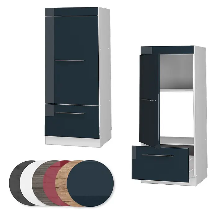 Vicco Schrankküche Fame-Line Dunkelblau Hochglanz - Breite: 60 cm, Dunkelblau Hochglanz, Mikrowellenschrank 60 cm (voll) - Hoher, dunkelblauer Hochglanzschrank, geschlossen und offen gezeigt, mit verschiedenen Farbmustern.