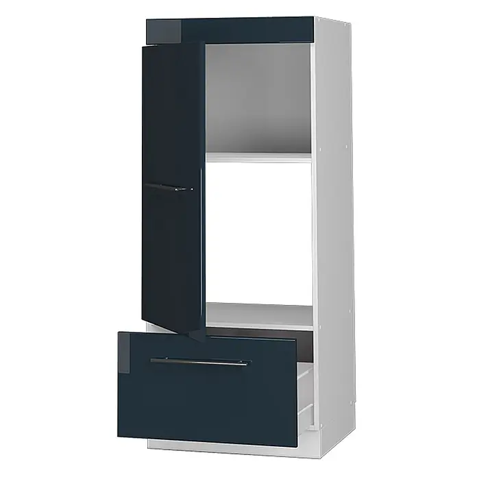 Vicco Schrankküche Fame-Line Dunkelblau Hochglanz - Breite: 60 cm, Dunkelblau Hochglanz, Mikrowellenschrank 60 cm (voll) - Hoher Schrank mit hellgrauem Korpus, glänzender dunkelblauer Tür, offenem Fach und teilweise geöffneter glänzender dunkelblauer Schublade.