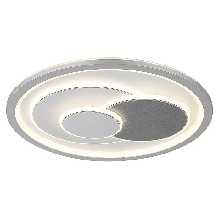 Globo LED-Deckenleuchte rund Ruiz - 36 W, Ø x H: 48 x 5,7 cm - Moderne silberne LED-Deckenleuchte mit beleuchteten ovalen Ringen und gebürstetem Metall, spiralförmiges Design.