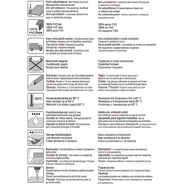 Wallface Wandpaneel 19782-NA Antigrav London Clay Wandverkleidung Leder Optik braun 2,6m2 - grau-braun, 2.600 x 1.000 mm - Mehrsprachiges Produkt-Datenblatt mit Symbolen für Material, Handhabung und Montageeigenschaften.