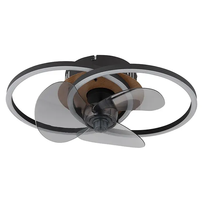 Globo Ventilador de techo Karen - 28 mm - Ventilador de techo negro moderno con anillos de luz LED blancos, acento de madera y aspas transparentes.