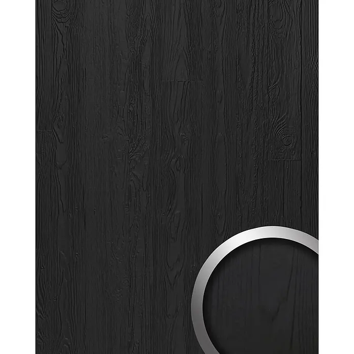 Wallface Wandpaneel 24949 DAKOTA Graphite Black Wandverkleidung Natur Dekor matt schwarz 2,6 m2 - 2.600 x 1.000 mm - Schwarze Holzmaserung mit sichtbarer Struktur, im unteren rechten Bereich mit einem silbernen Ring.