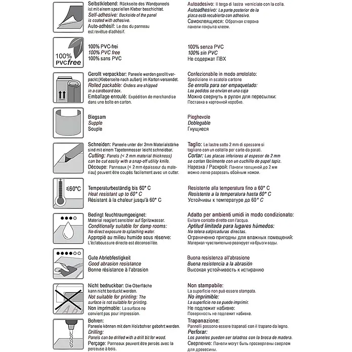 Wallface Wandpaneel 24959 MOTION TWO Snow White Wandverkleidung unifarben matt weiß 2,6 m2 - 2.600 x 1.000 mm - Produkt-Spezifikationsblatt mit Symbolen und Text in mehreren Sprachen.