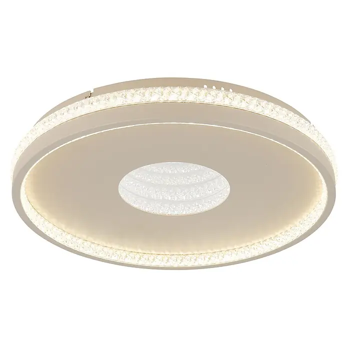 Globo LED-Deckenleuchte rund Shirley - 30 W, Ø x H: 41 x 6,5 cm - Runde LED-Deckenleuchte mit beigem Sockel, beleuchtetem Außenring und facettiertem kristallähnlichem Lichtquellenzentrum.