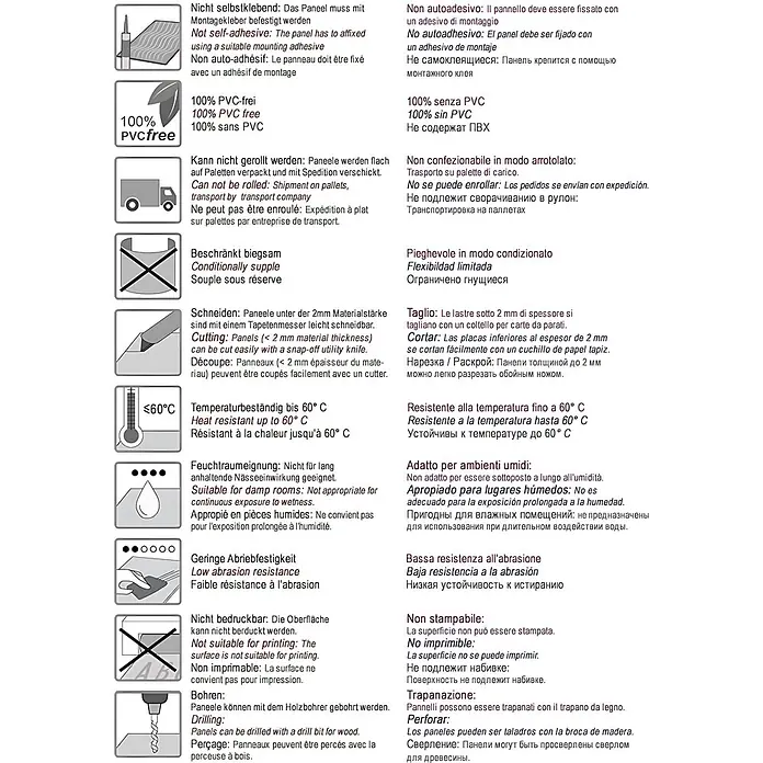 Wallface Wandpaneel 19778-NA Antigrav LEGUAN Gold Wandpaneel Leguanleder Optik gold 2,6 m2 - 2.600 x 1.000 mm - Produkteigenschaften und Verarbeitungsanleitung für eine Platte, illustriert mit Piktogrammen.
