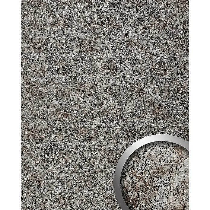Wallface Wandpaneel 24972 VINTAGE Silver Wandverkleidung im Used look glänzend platin 2,6 m2 - silber, 2.600 x 1.000 mm - Raue, strukturierte Oberfläche in Grau-, Weiß- und Brauntönen, mit komplexen, unregelmäßigen Mustern und einer vergrößerten Detailansicht.