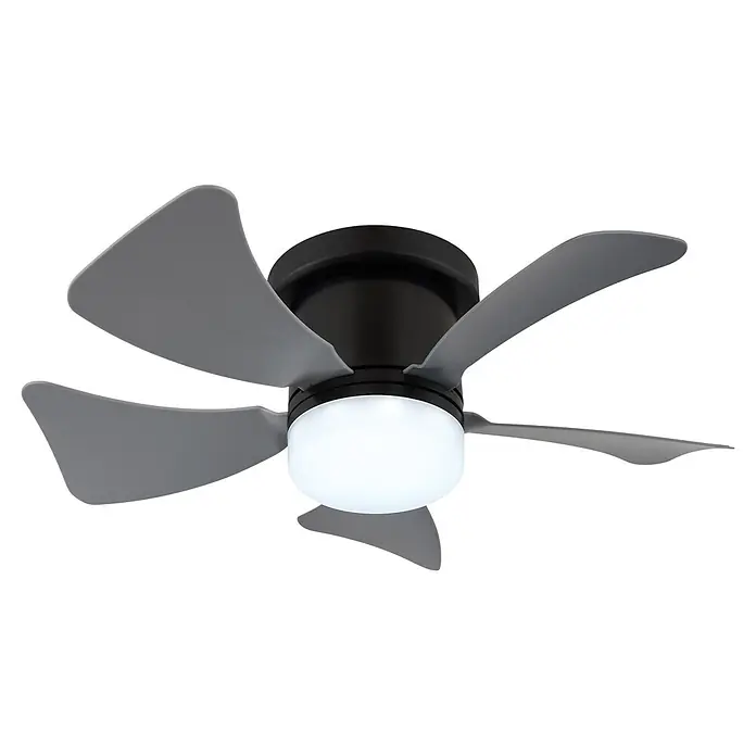 Globo Ventilador de techo Hines - 40,6 mm - Un ventilador de techo negro con cinco aspas grises y un globo de luz blanco.