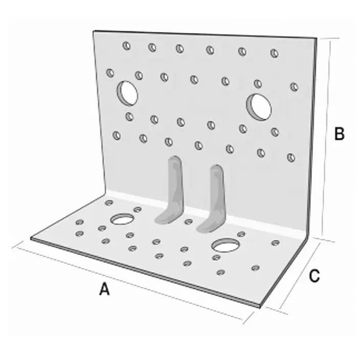Simpson Strong-Tie Winkelverbinder AG922 - L x B x H: 150 x 79 x 121 mm, Ungleichschenklig - Abbildung einer Winkelverbindung mit Abmessungen A, B und C. Sie zeigt eine Metallhalterung mit zahlreichen Löchern für Schrauben oder Befestigungen.