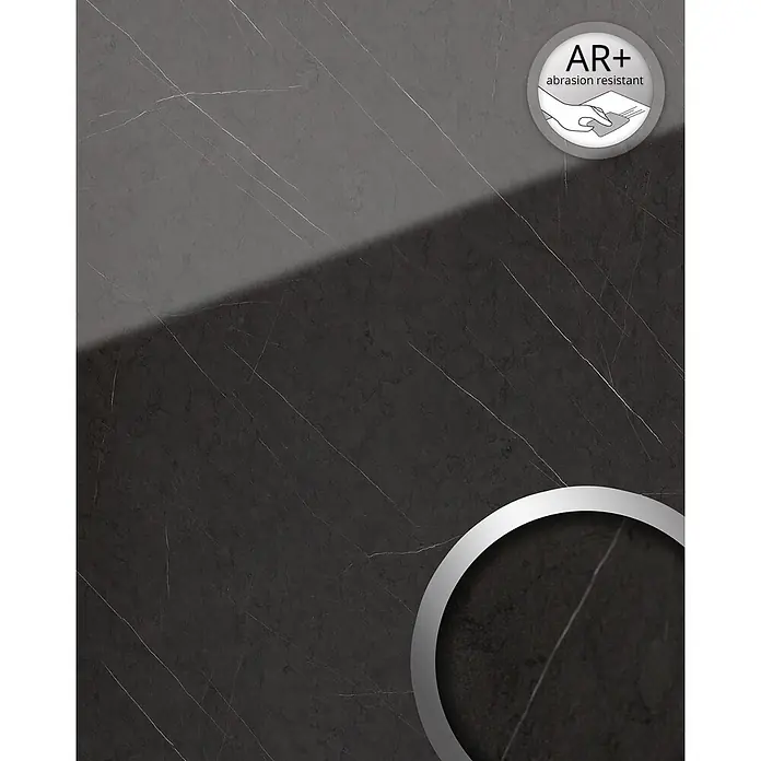 Wallface Wandpaneel 19344 MARBLE GREY Dekorpaneel in Marmor Optik glänzend anthrazit 2,6 m2 - grau, 2.600 x 1.000 mm - Dunkelgraue, marmorierte, abriebfeste Oberfläche mit weißen Äderungen. Mit AR+-Logo und Metallring.
