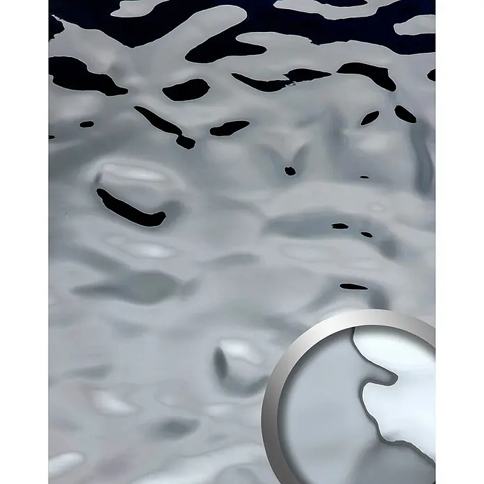 Wallface Wandpaneel 27027 OCEAN Silver Wandpaneel in Metall-Optik spiegelnd silber 2,6 m2 - 2.600 x 1.000 mm - Metallisches, silbernes Kreiselement mit einer wellenförmigen Flüssigkeitstextur.