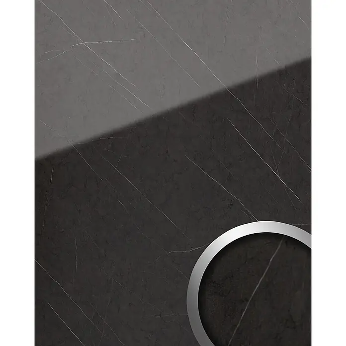 Wallface Wandpaneel 19344 MARBLE GREY Dekorpaneel in Marmor Optik glänzend anthrazit 2,6 m2 - grau, 2.600 x 1.000 mm - Dunkelgrauer Marmor mit weißen Adern, mit einem silbernen Metallring und dezentem Schatteneffekt.