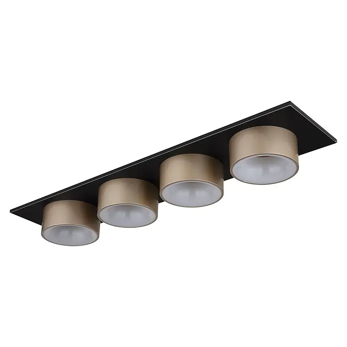 Globo Deckenleuchte Raymond - L x B x H: 860 x 200 x 110 mm, Lichtfarbe: Warmweiß - Schwarze rechteckige Deckenleuchte mit vier champagner-goldenen zylindrischen Strahlern und weißen Diffusoren.