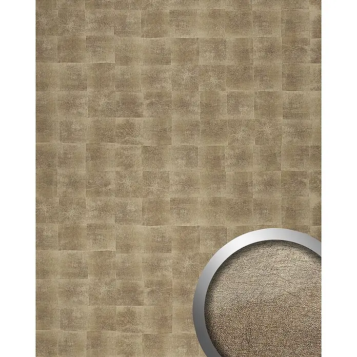 Wallface Wandpaneel 17846 DECO LUXURY Wandpaneel Design Wandverkleidung bronze 2,60 qm - 2.600 x 1.000 mm - Braune Tapete mit dezentem Schachbrettmuster und strahlender Textur. Ein vergrößertes Muster zeigt eine körnige Oberfläche.
