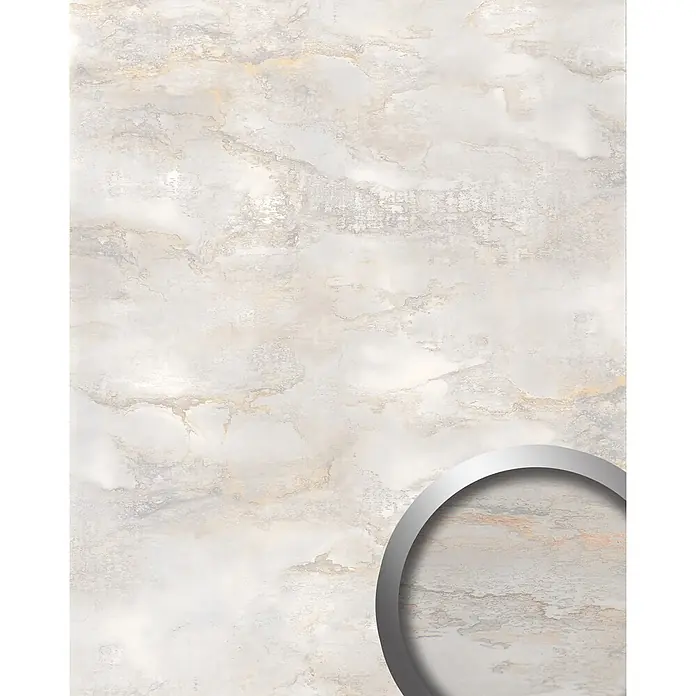 Wallface Wandpaneel 22634 GENESIS White Wandverkleidung in Marmor Optik seidenmatt weiß 2,60 m2 - creme-weiß, 2.600 x 1.000 mm - Hellbeige und graue Marmor-Effekt-Oberfläche mit zarten goldenen Äderungen.