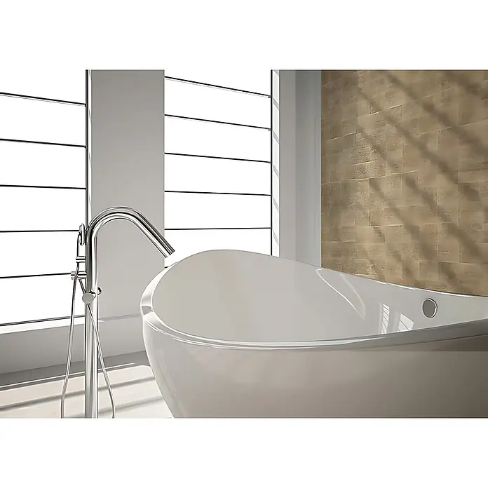 Wallface Wandpaneel 17846 DECO LUXURY Wandpaneel Design Wandverkleidung bronze 2,60 qm - 2.600 x 1.000 mm - Moderne weiße freistehende Badewanne mit verchromter Standarmatur in hellem Badezimmer.