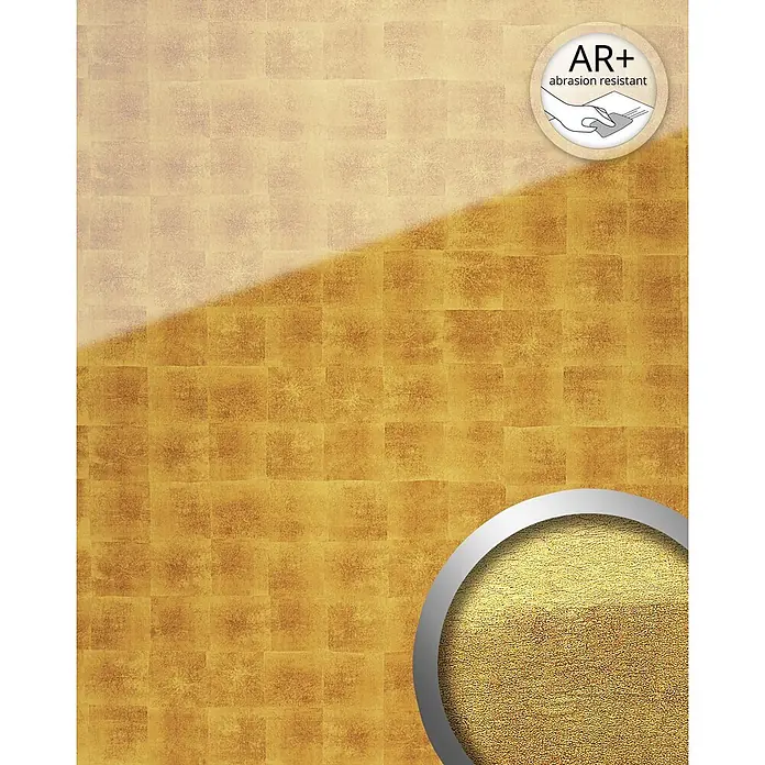 Wallface Wandpaneel 17840 LUXURY Wandpaneel Glas-Optik Cubes-Muster gold beige 2,60 qm - 2.600 x 1.000 mm - Abriebfeste Goldoberfläche mit Karomuster und strukturierter, körniger Oberfläche.