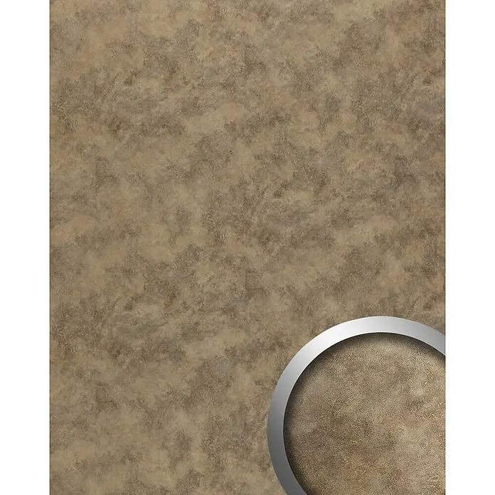 Wallface Wandpaneel 20188 OXIDIZED Nickel Wandpaneel Metall-Optik glänzend braun 2,6 m2 - 2.600 x 1.000 mm - Braun-beige gesprenkelte Texturoberfläche, wie Stein oder Laminat, mit kreisförmigem Ausschnitt, der ihr feines Muster zeigt.