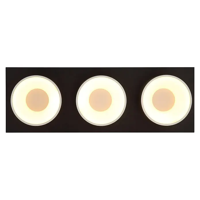 Globo Deckenleuchte Raymond - 24 W, L x B x H: 580 x 200 x 110 mm, Lichtfarbe: Warmweiß - Drei runde LED-Leuchten mit hellweißen Außenringen und warmen Innenkreisen, montiert auf dunkler rechteckiger Basis.