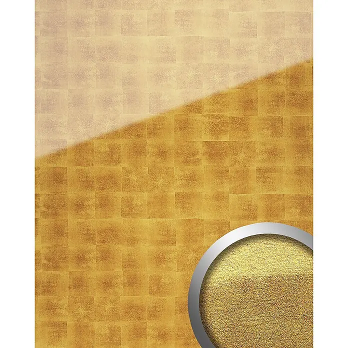 Wallface Wandpaneel 17840 LUXURY Wandpaneel Glas-Optik Cubes-Muster gold beige 2,60 qm - 2.600 x 1.000 mm - Texturierter Goldhintergrund mit diagonalem Lichtkontrast, mit einem silbergerahmten, goldenen Kreisakzent.
