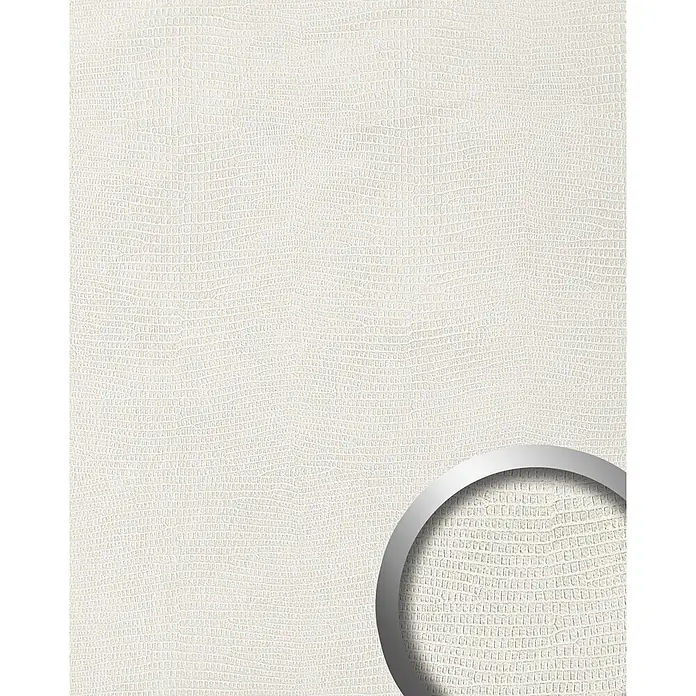 Wallface Wandpaneel 19775-NA Antigrav LEGUAN Bianco Wandpaneel Leguanleder Optik weiß 2,6m2 - 2.600 x 1.000 mm - Helle cremefarbene Krokodilleder-Textur mit vergrößertem Detail.