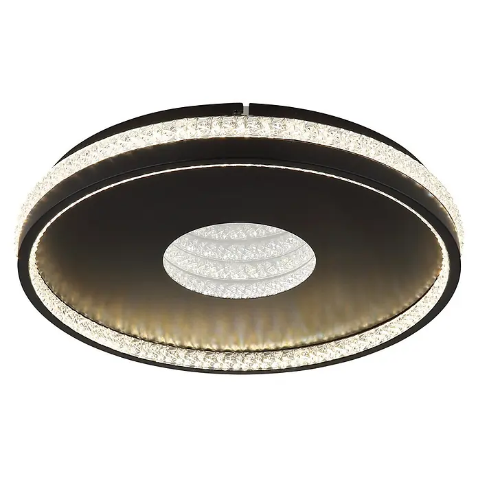 Globo LED-Deckenleuchte rund Shirley - 30 W, Ø x H: 41 x 6,5 cm - Runde schwarze LED-Deckenleuchte mit funkelnden Kristallakzenten in konzentrischen Ringen und zentral.