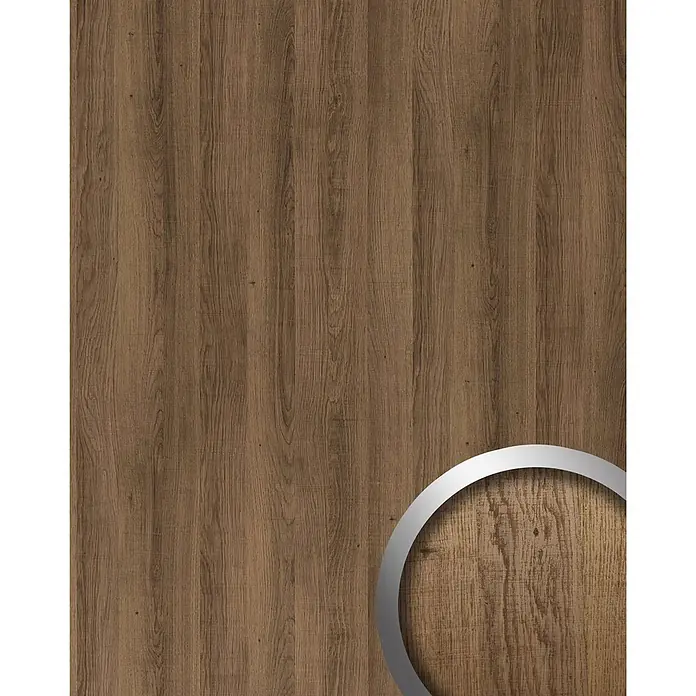 Wallface Wandpaneel 25511 Sessile OAK Nature Wandpaneel in Holz Optik matt braun 2,6 m2 - gold-braun, 2.600 x 1.000 mm - Braune Holzstruktur mit sichtbarer Maserung, betont durch einen teilweisen Silberring.