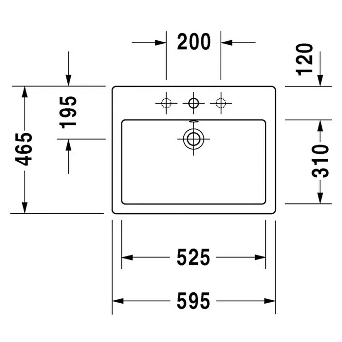Duravit Vero Aufsatzwaschbecken - 59,5 x 47 cm, Ohne Spezialglasur, Hahnloch: Mitte, Mit Überlauf, Weiß - Technische Zeichnung eines rechteckigen Waschbeckens mit Maßangaben. Geeignet für moderne Badezimmerdesigns.