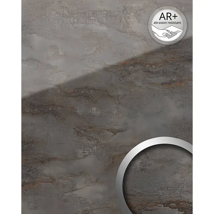 Wallface Wandpaneel 20223 GENESIS Grey Design Wandpaneel Glas Marmor glänzend grau 2,6 m2 - 2.600 x 1.000 mm - Dunkelgrau-braunes, abriebfestes Material mit gesprenkelter Steinoptik und rötlichen Akzenten.