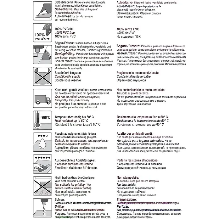 Wallface Wandpaneel 20223 GENESIS Grey Design Wandpaneel Glas Marmor glänzend grau 2,6 m2 - 2.600 x 1.000 mm - Produkteigenschaften und Anwendungshinweise mit beschreibenden Symbolen und Text in mehreren Sprachen.