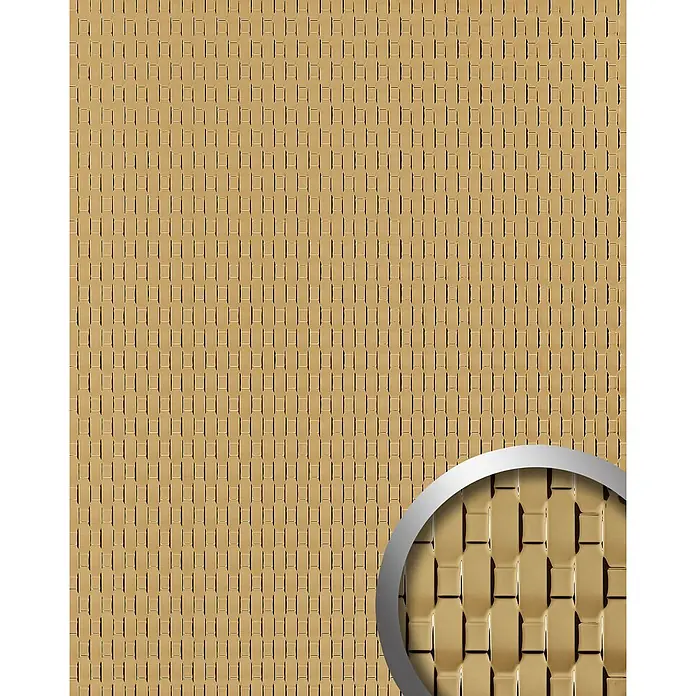 Wallface Wandpaneel 24955 RATTAN 20 Gold Wandverkleidung 3D glänzend gold 2,6 m2 - 2.600 x 1.000 mm - Glänzende, goldene, strukturierte Wandverkleidung mit sich wiederholendem Muster aus kleinen, rechteckigen, verwobenen Fliesen.