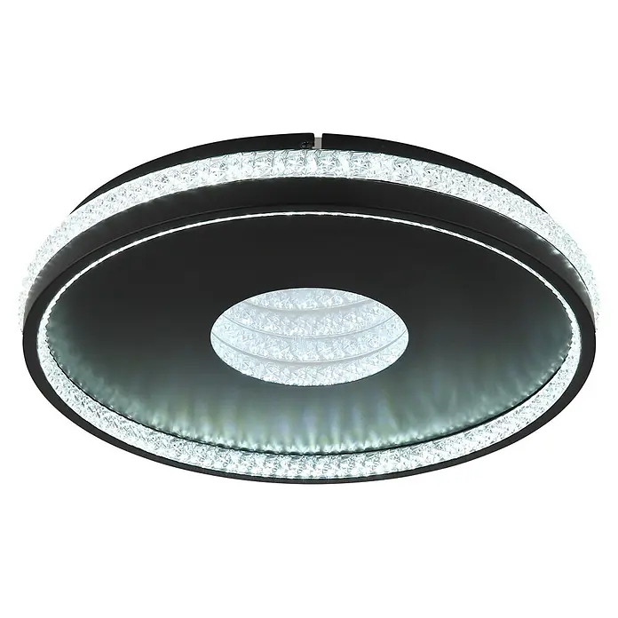 Globo LED-Deckenleuchte rund Shirley - 30 W, Ø x H: 41 x 6,5 cm - Runde schwarze LED-Deckenleuchte mit beleuchteten Kristallring-Effekten.