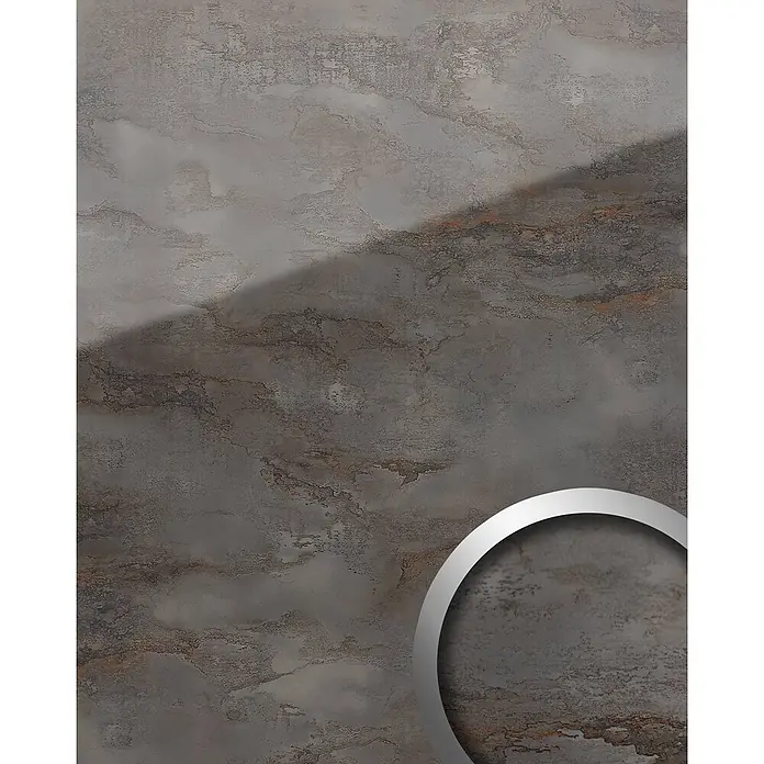 Wallface Wandpaneel 20223 GENESIS Grey Design Wandpaneel Glas Marmor glänzend grau 2,6 m2 - 2.600 x 1.000 mm - Dunkle, melierte Textur mit rostbraunen Akzenten, die an gealtertes Metall oder Beton erinnert.