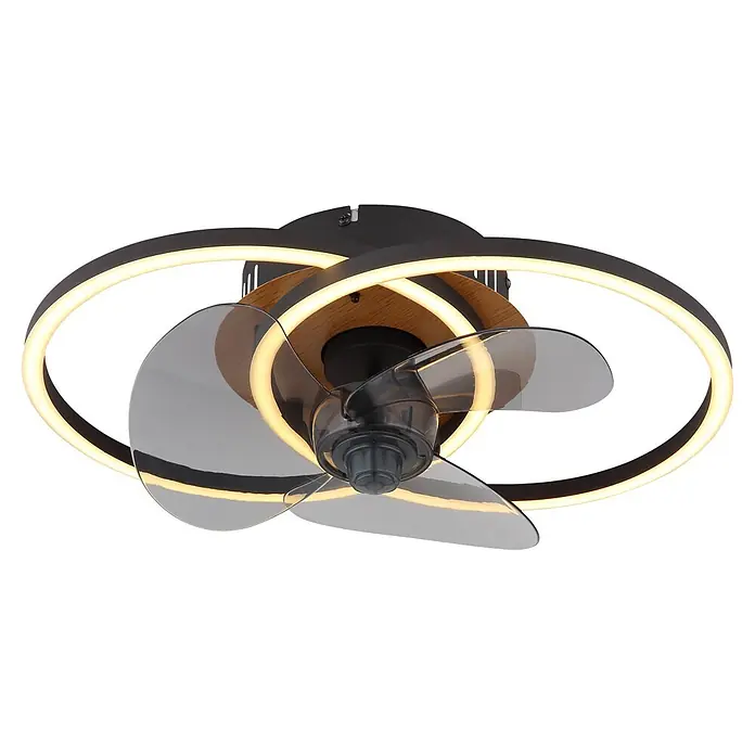 Globo Ventilador de techo Karen - 28 mm - Moderno ventilador de techo negro con dos anillos de luz LED ovalados superpuestos, un detalle de madera y aspas transparentes.