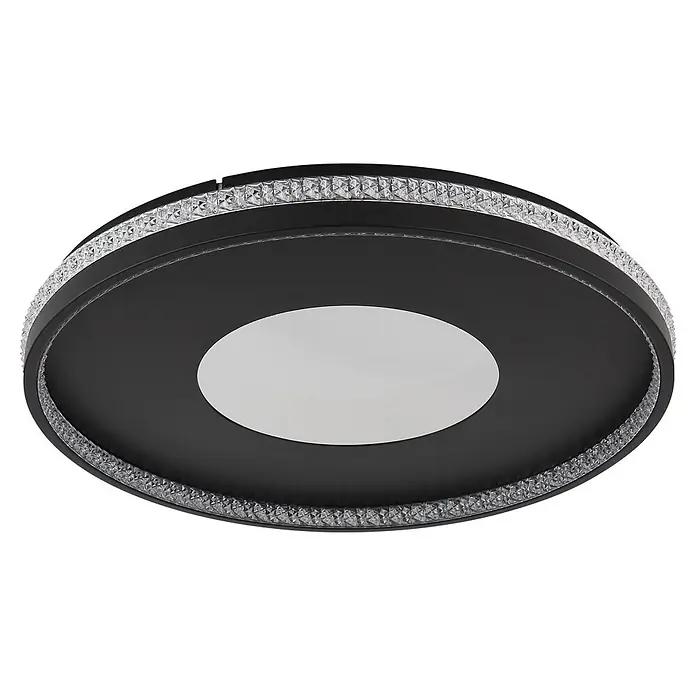 Globo LED-Deckenleuchte rund Shirley - 40 W, Ø x H: 50,5 x 6,5 cm - Runde schwarze LED-Deckenleuchte mit funkelndem Kristallrand und weißem Zentraldiffusor.