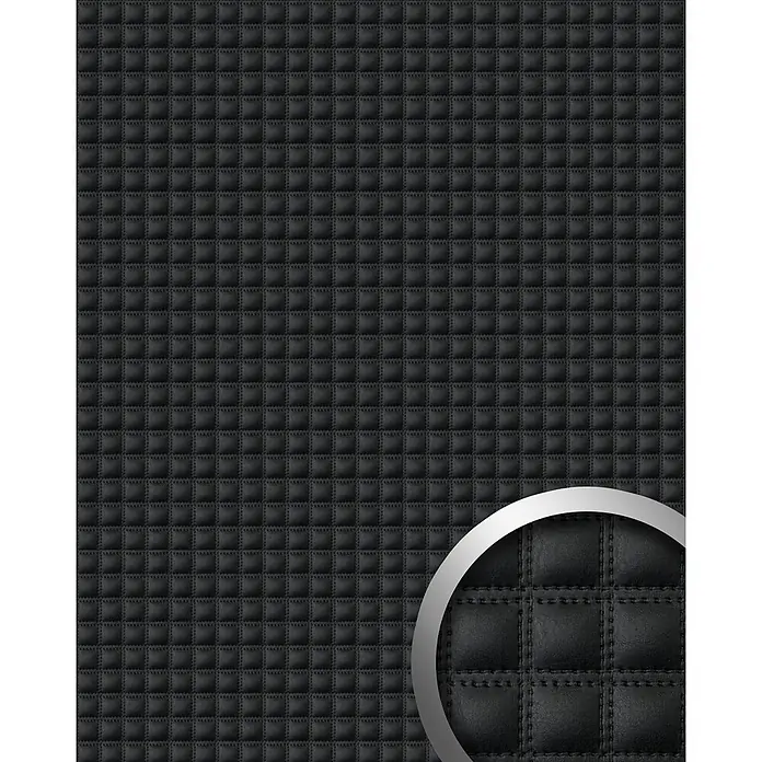 Wallface Wandpaneel 15032 QUADRO Design Wandpaneel Leder Quadrat 3D Dekor schwarz 2,60 qm - 2.600 x 1.000 mm - Schwarze Steppstruktur mit Quadratnähten, Leder- oder Stoffoptik.
